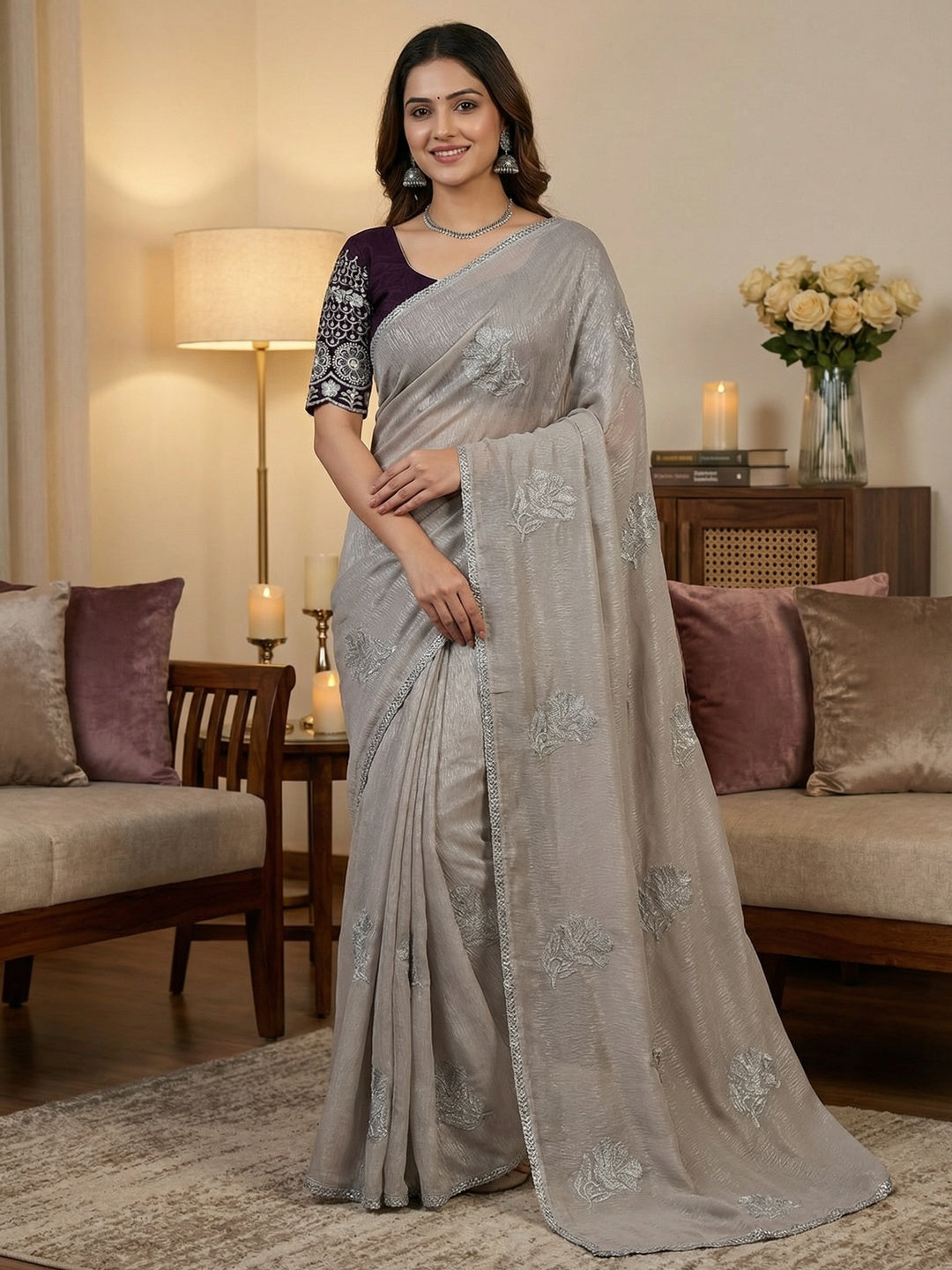 Charming Grey Chiffon Saree With Graceful Floral Embroidery & Fine Finish - Image 1