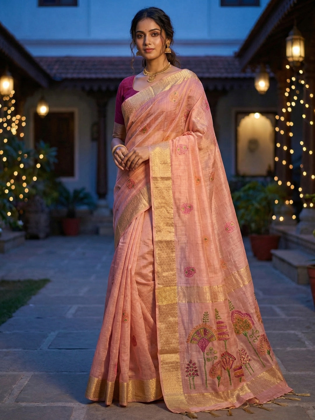 Elegant Peach Chanderi Silk Jamdani Woven Saree with Golden Border - Image 1