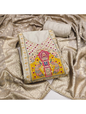 Graceful Chikoo Peacock Motif Cotton Silk Dress Material With Beads & Moti Handwork - Image 1