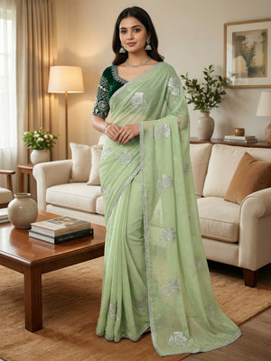 Charming Pista Green Chiffon Saree With Graceful Floral Embroidery & Fine Finish - Image 1