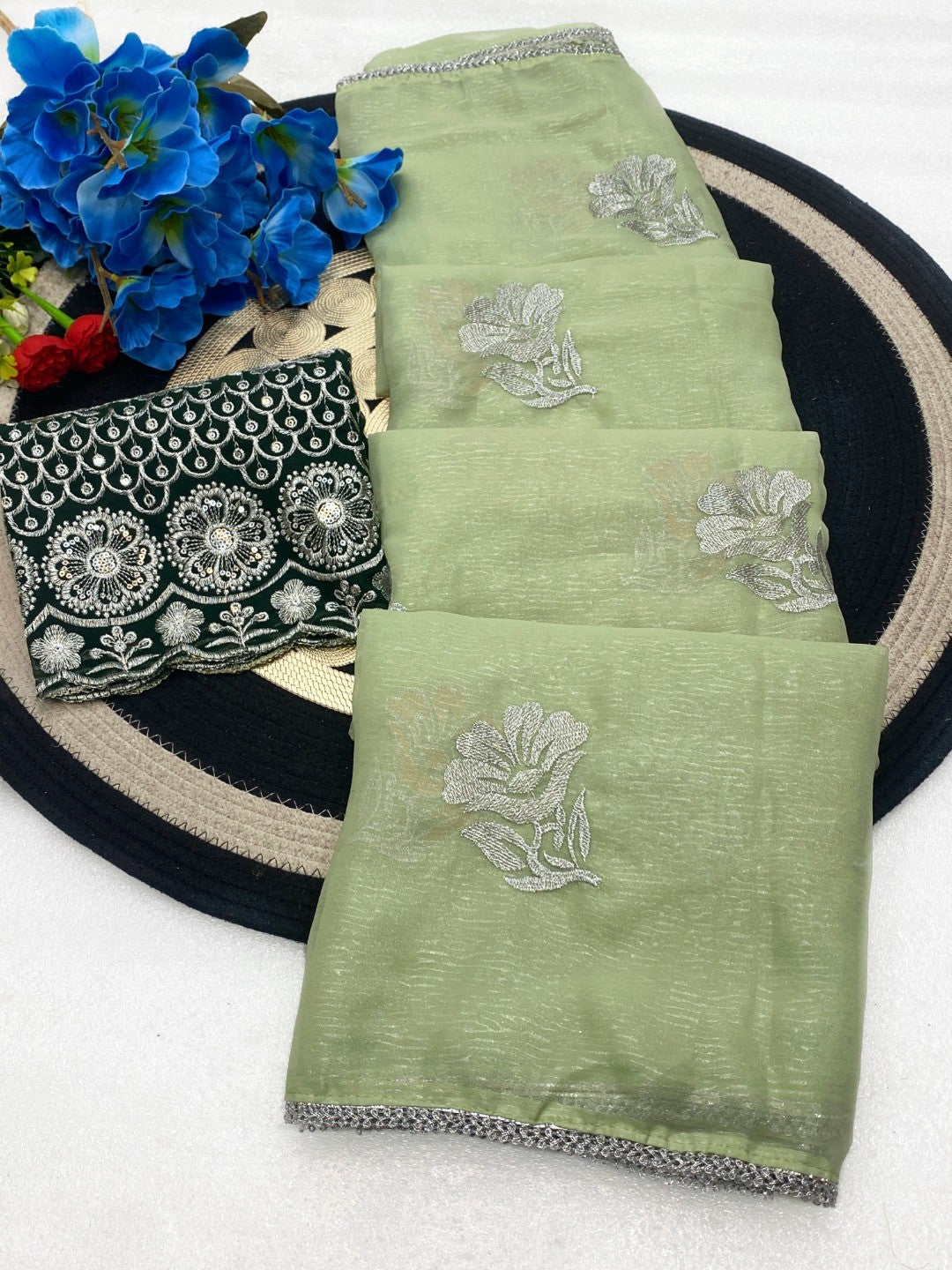 Charming Pista Green Chiffon Saree With Graceful Floral Embroidery & Fine Finish - Image 2