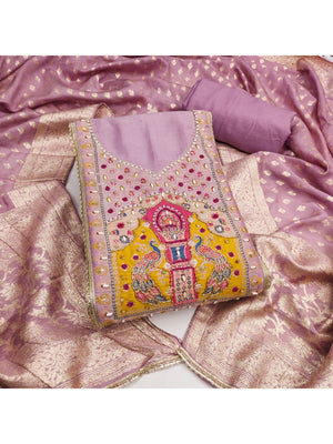 Graceful Light Purple Peacock Motif Cotton Silk Dress Material With Beads & Moti Handwork - Image 1