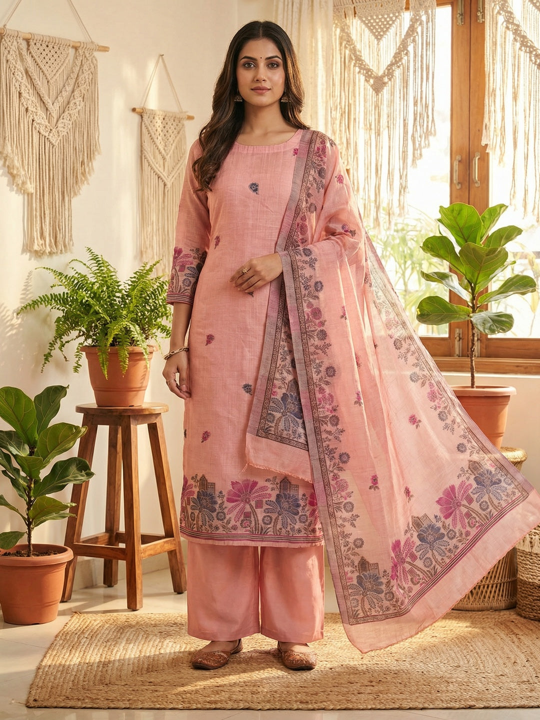 Elegant Peach Chanderi Silk Jamdani Unstitched Dress Material - Image 1