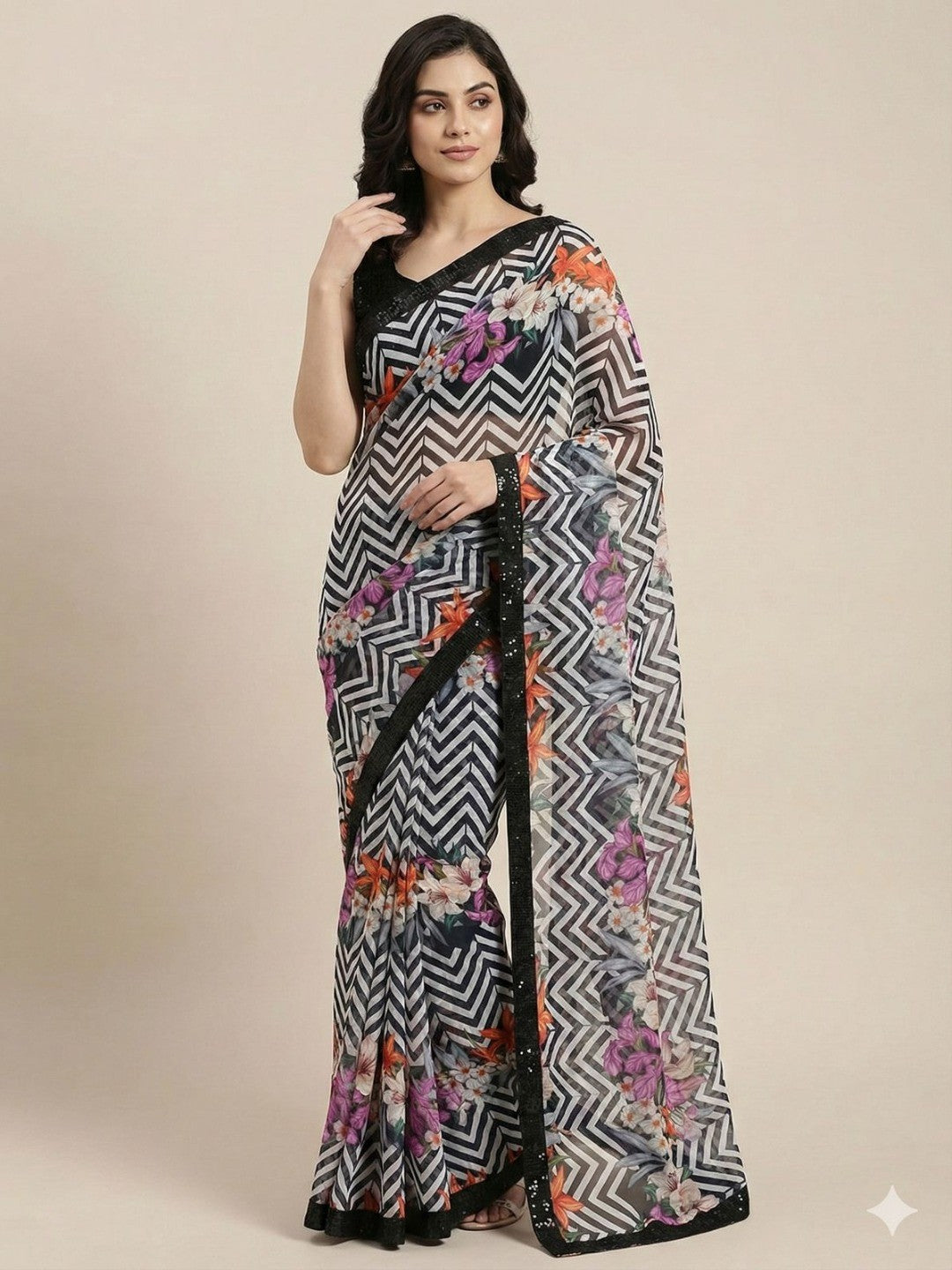 Timeless Black & White Georgette Saree Featuring a Zig-Zag Pattern and Sequin Border - Image 1