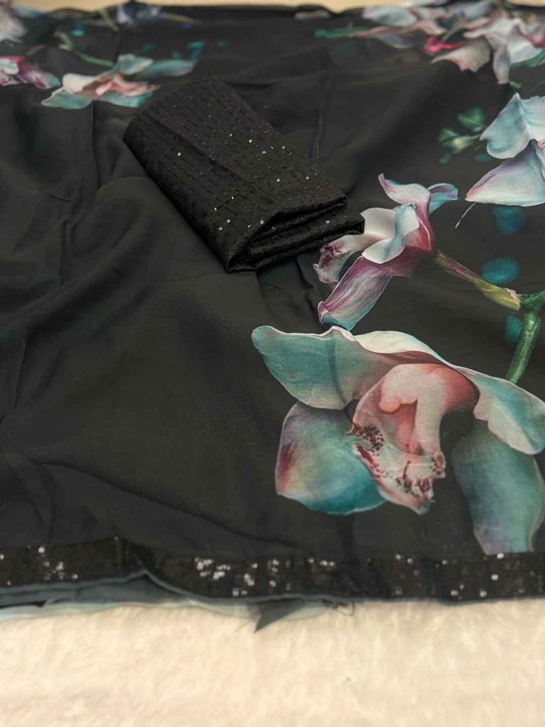 Classic Black Georgette Saree Adorned with Floral Designs and a Refined Sequin Border - Image 2