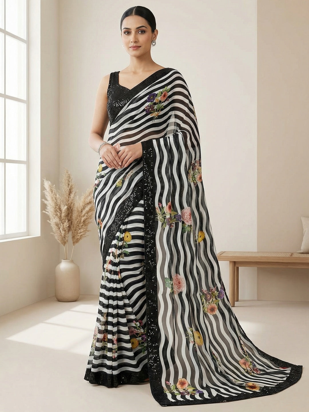 Black Georgette Saree Featuring Delicate Striped Patterns and a Sequin Embellished Border - Image 1