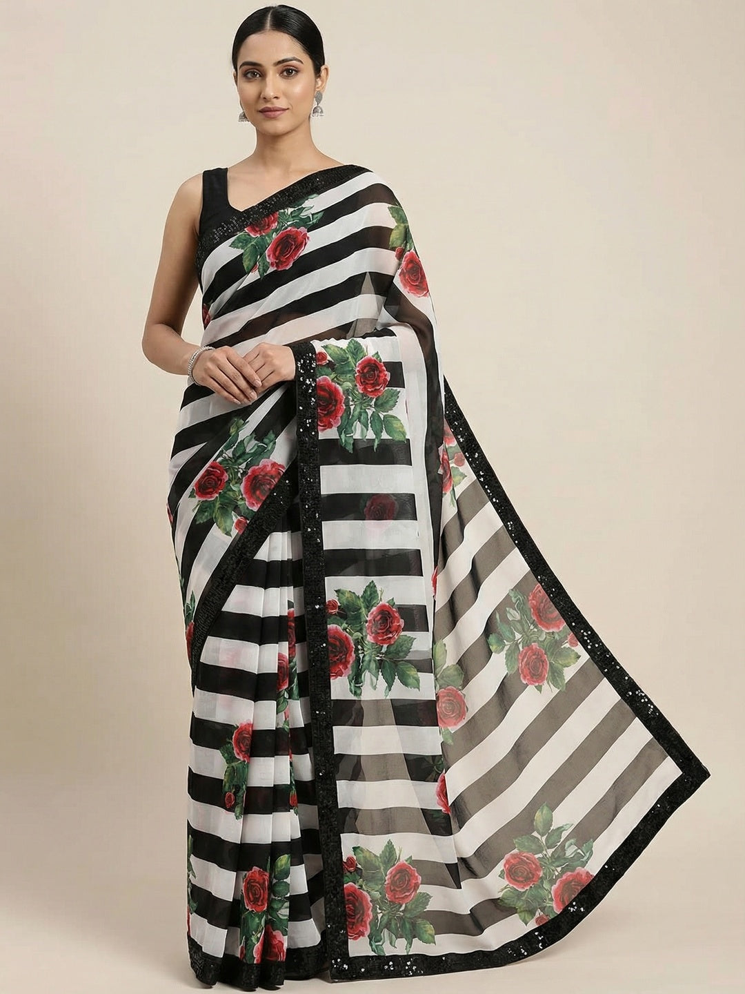 Black Georgette Saree Highlighted with Striped Design and a Delicate Sequin Border - Image 1