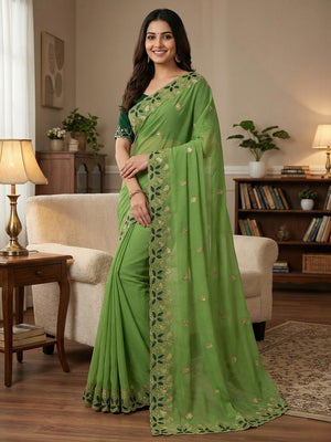 Vibrant Green Georgette Saree Adorned With Elegant Floral Embroidery Work - Image 1