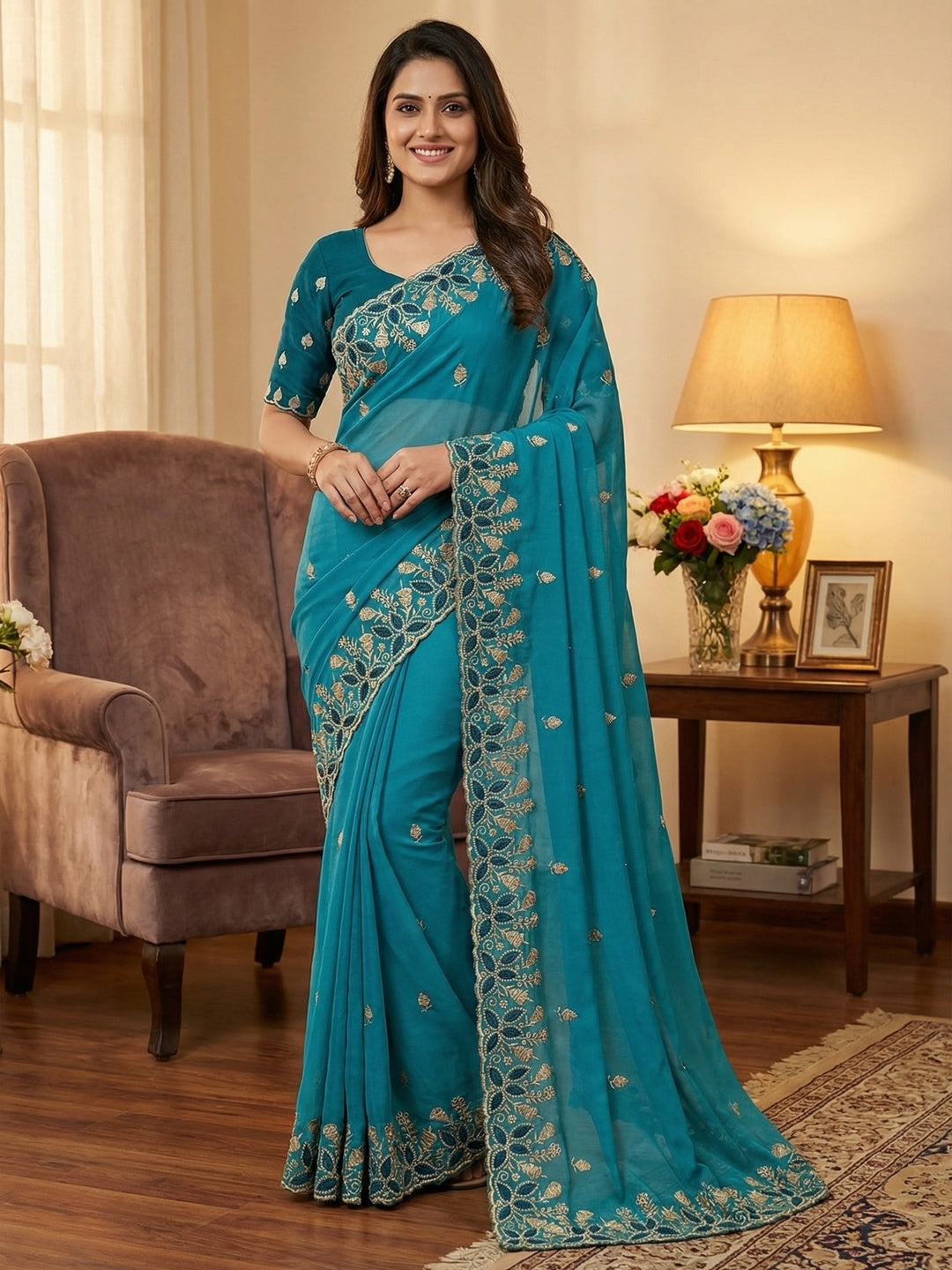 Vibrant Blue Georgette Saree Adorned With Elegant Floral Embroidery Work - Image 1