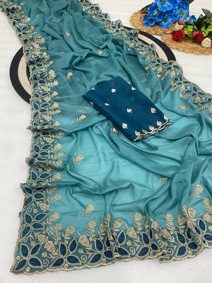 Vibrant Blue Georgette Saree Adorned With Elegant Floral Embroidery Work - Image 2