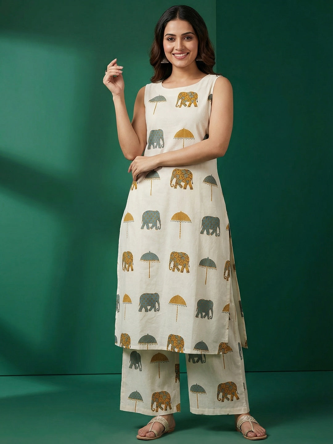 Off White & Yellow Pure Cotton Co-Ord Set with Abstract Print and Straight Fit Silhouette - Image 1