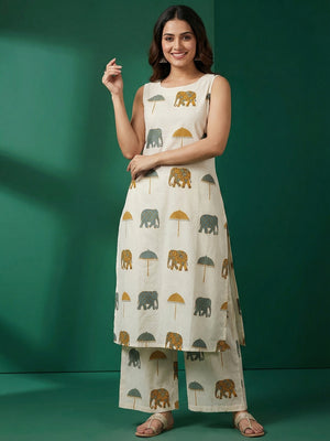 Off White & Yellow Pure Cotton Co-Ord Set with Abstract Print and Straight Fit Silhouette - Image 1