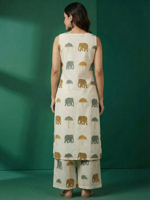Off White & Yellow Pure Cotton Co-Ord Set with Abstract Print and Straight Fit Silhouette - Image 2