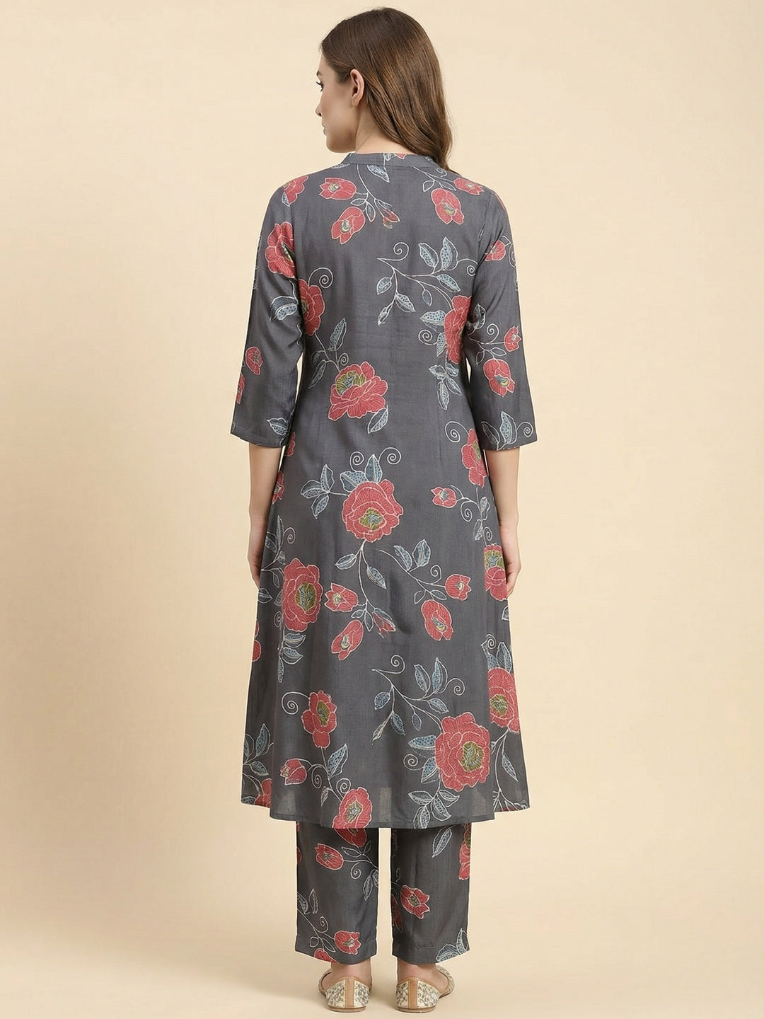 Grey Floral Printed Viscose A-Line Top Bottom Set by Aariya Designs - Image 3