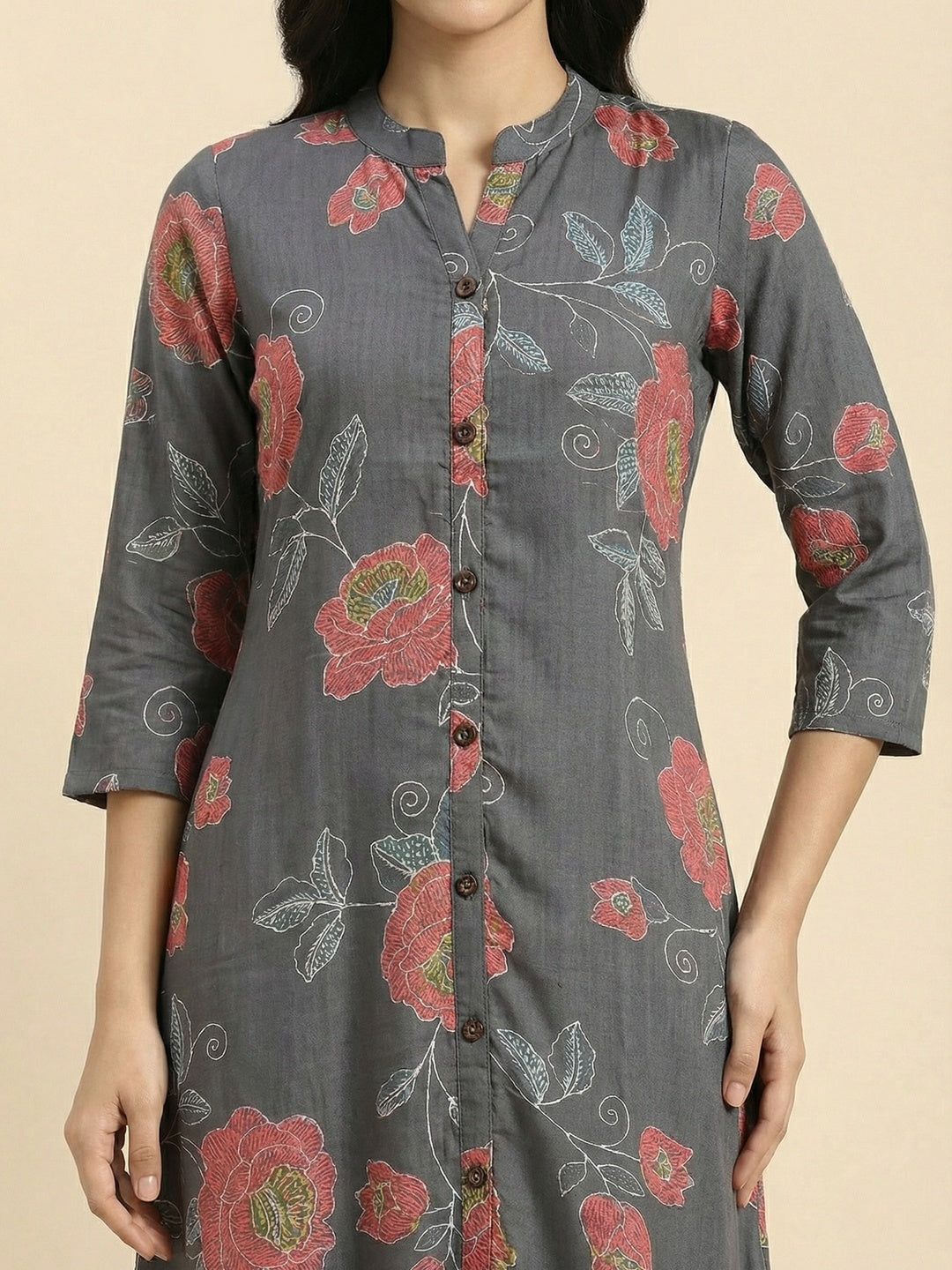 Grey Floral Printed Viscose A-Line Top Bottom Set by Aariya Designs - Image 2