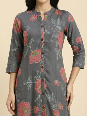 Grey Floral Printed Viscose A-Line Top Bottom Set by Aariya Designs - Image 2