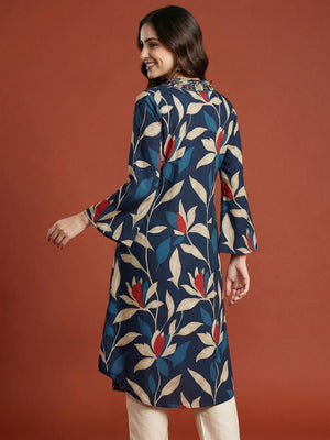 Blue Floral Printed Viscose A-Line Kurti with a Flattering Flowing Silhouette - Image 2