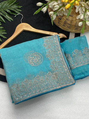 Elegant Blue Crunchy Saree Adorned With Floral Embroidery & Shimmering Swarovski Work - Image 2