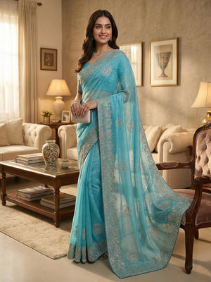Elegant Blue Crunchy Saree Adorned With Floral Embroidery & Shimmering Swarovski Work - Image 1
