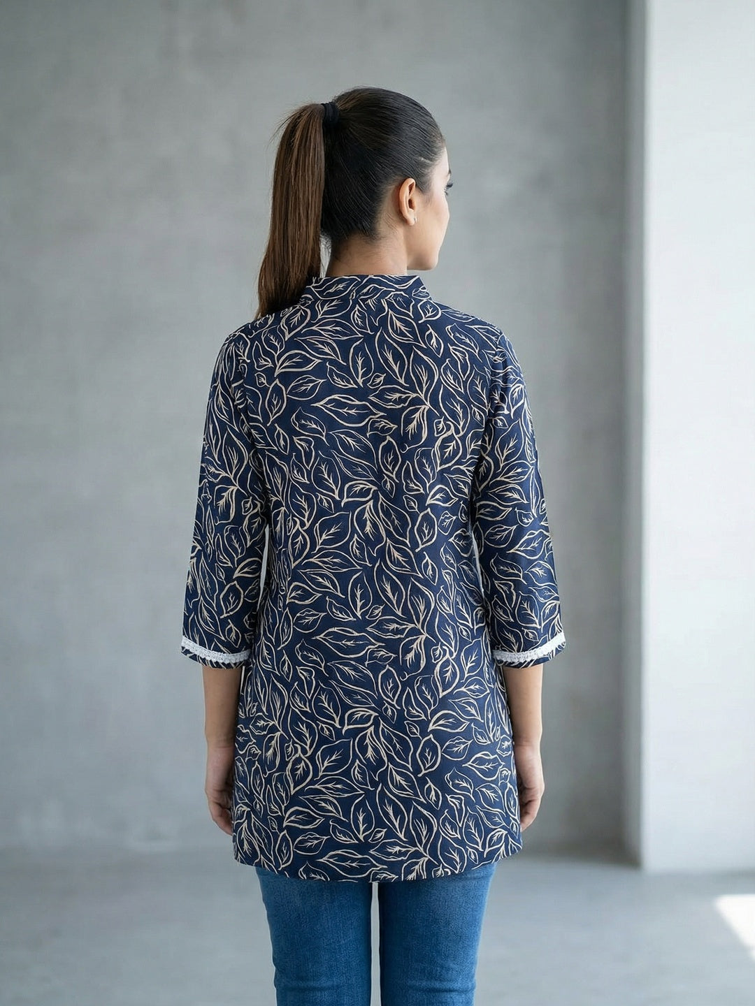 Navy Blue Rayon Floral Printed Straight-Fit Casual Wear Top - Image 4