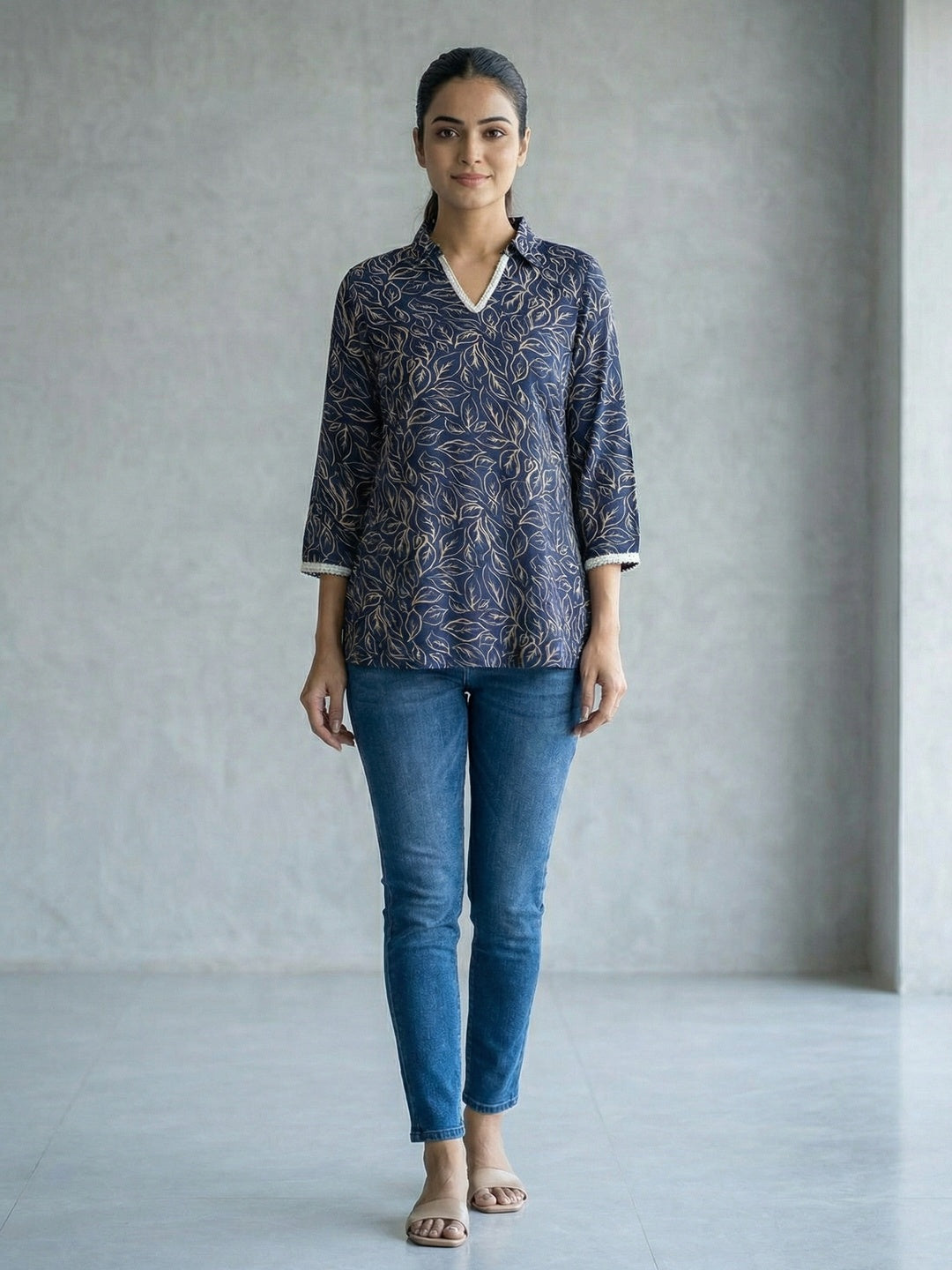 Navy Blue Rayon Floral Printed Straight-Fit Casual Wear Top - Image 2