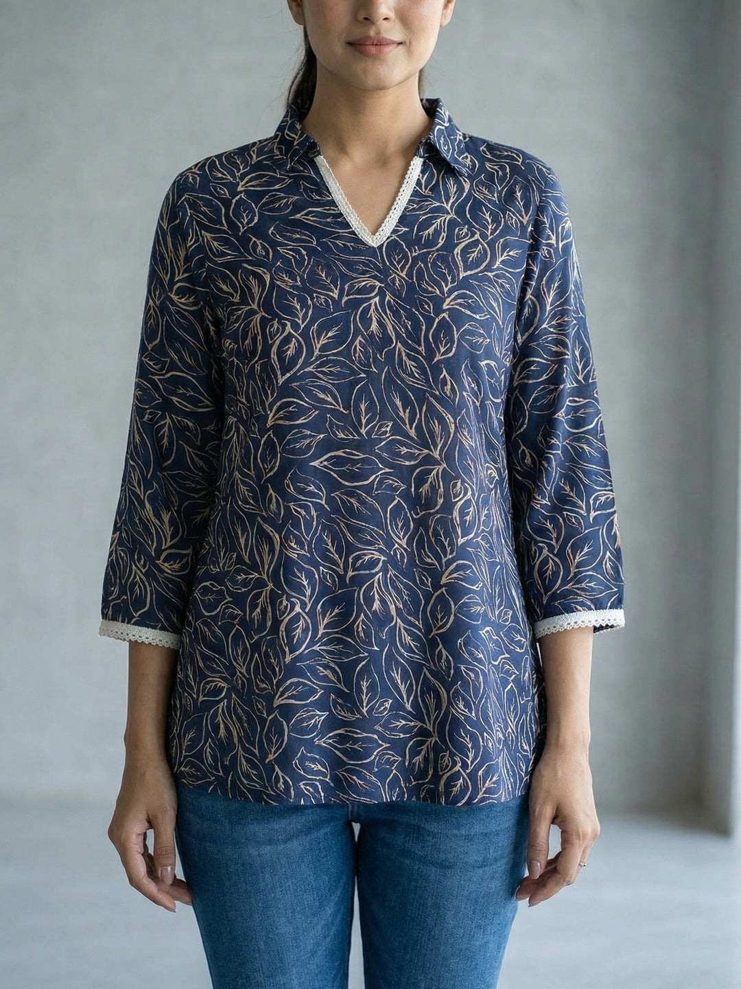 Navy Blue Rayon Floral Printed Straight-Fit Casual Wear Top - Image 3