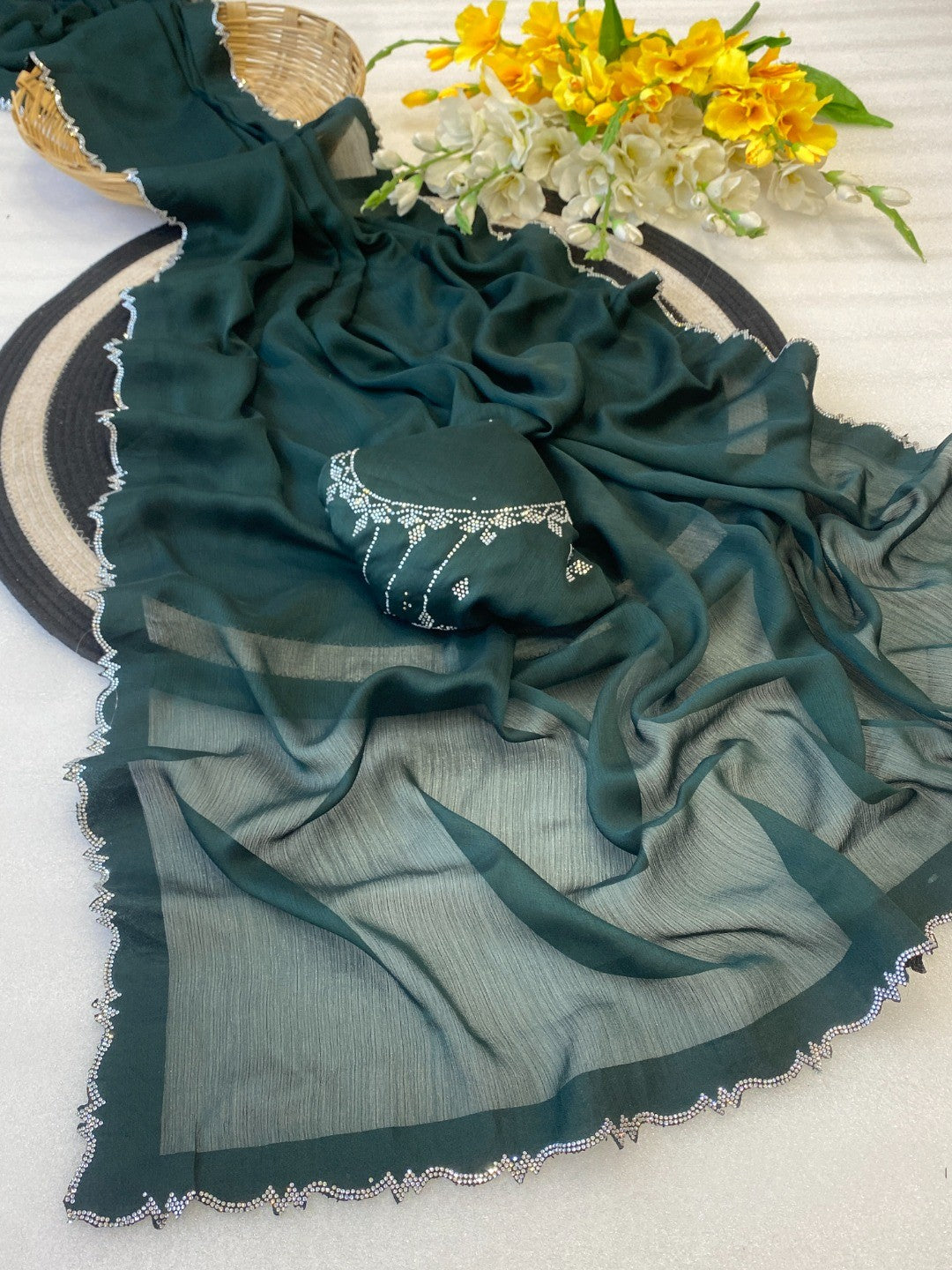 Classic Green Solid Chiffon Saree Featuring Subtle Stone Work Border Detailing - Image 2