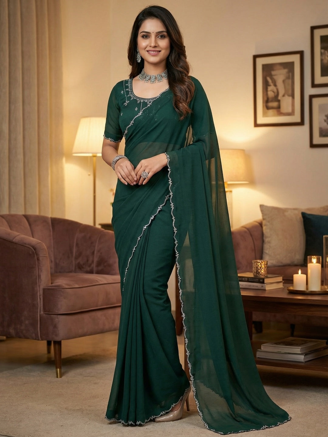 Classic Green Solid Chiffon Saree Featuring Subtle Stone Work Border Detailing - Image 1