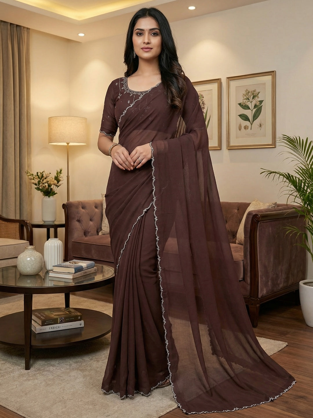 Classic Brown Solid Chiffon Saree Featuring Subtle Stone Work Border Detailing - Image 1