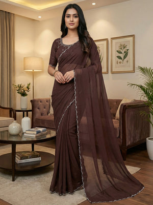 Classic Brown Solid Chiffon Saree Featuring Subtle Stone Work Border Detailing - Image 1