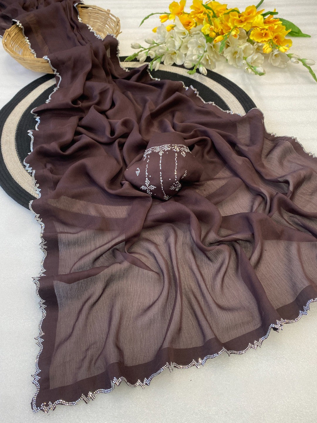 Classic Brown Solid Chiffon Saree Featuring Subtle Stone Work Border Detailing - Image 2