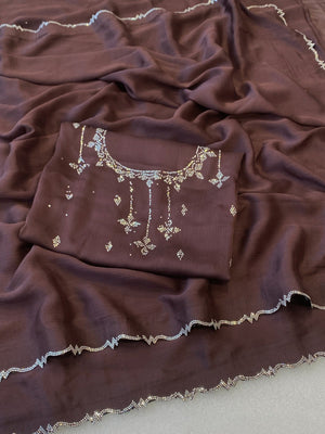 Classic Brown Solid Chiffon Saree Featuring Subtle Stone Work Border Detailing - Image 2