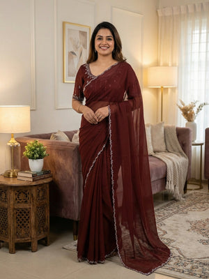 Classic Maroon Solid Chiffon Saree Featuring Subtle Stone Work Border Detailing - Image 1