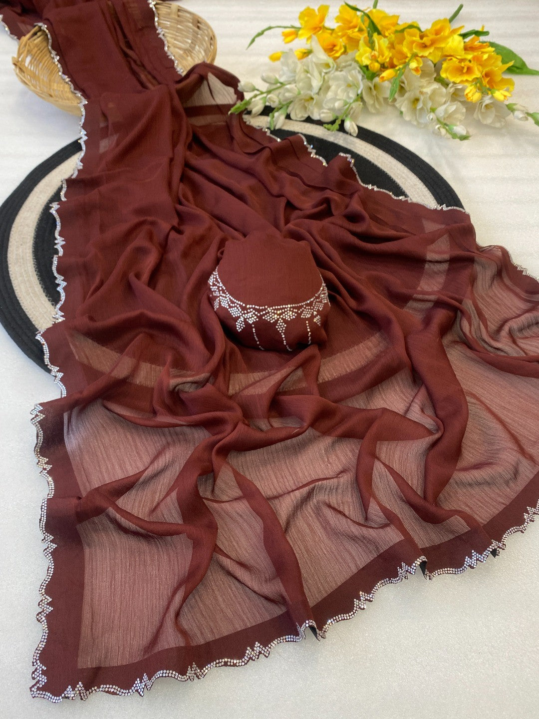 Classic Maroon Solid Chiffon Saree Featuring Subtle Stone Work Border Detailing - Image 2