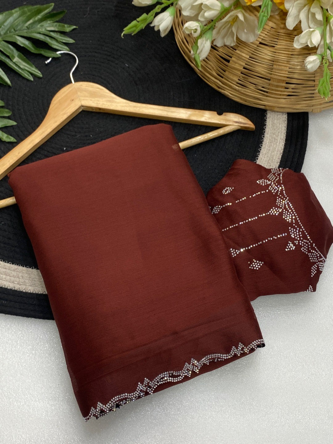 Classic Maroon Solid Chiffon Saree Featuring Subtle Stone Work Border Detailing - Image 3