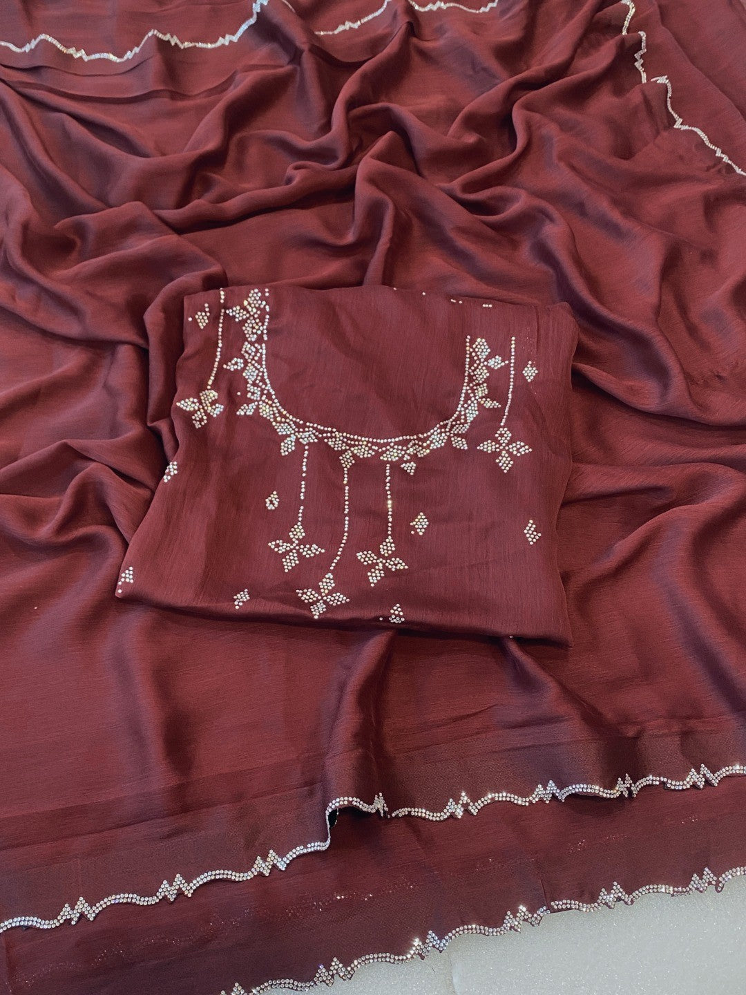 Classic Maroon Solid Chiffon Saree Featuring Subtle Stone Work Border Detailing - Image 4