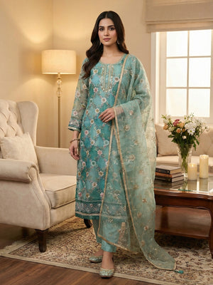 Sophisticated Rama Blue Floral Print Organza Dress Material With Sequins Embroidery & Moti Handwork - Image 1