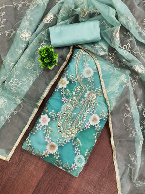Sophisticated Rama Blue Floral Print Organza Dress Material With Sequins Embroidery & Moti Handwork - Image 2