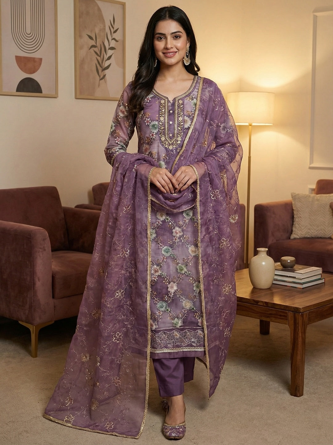 Sophisticated Purple Floral Print Organza Dress Material With Sequins Embroidery & Moti Handwork - Image 1