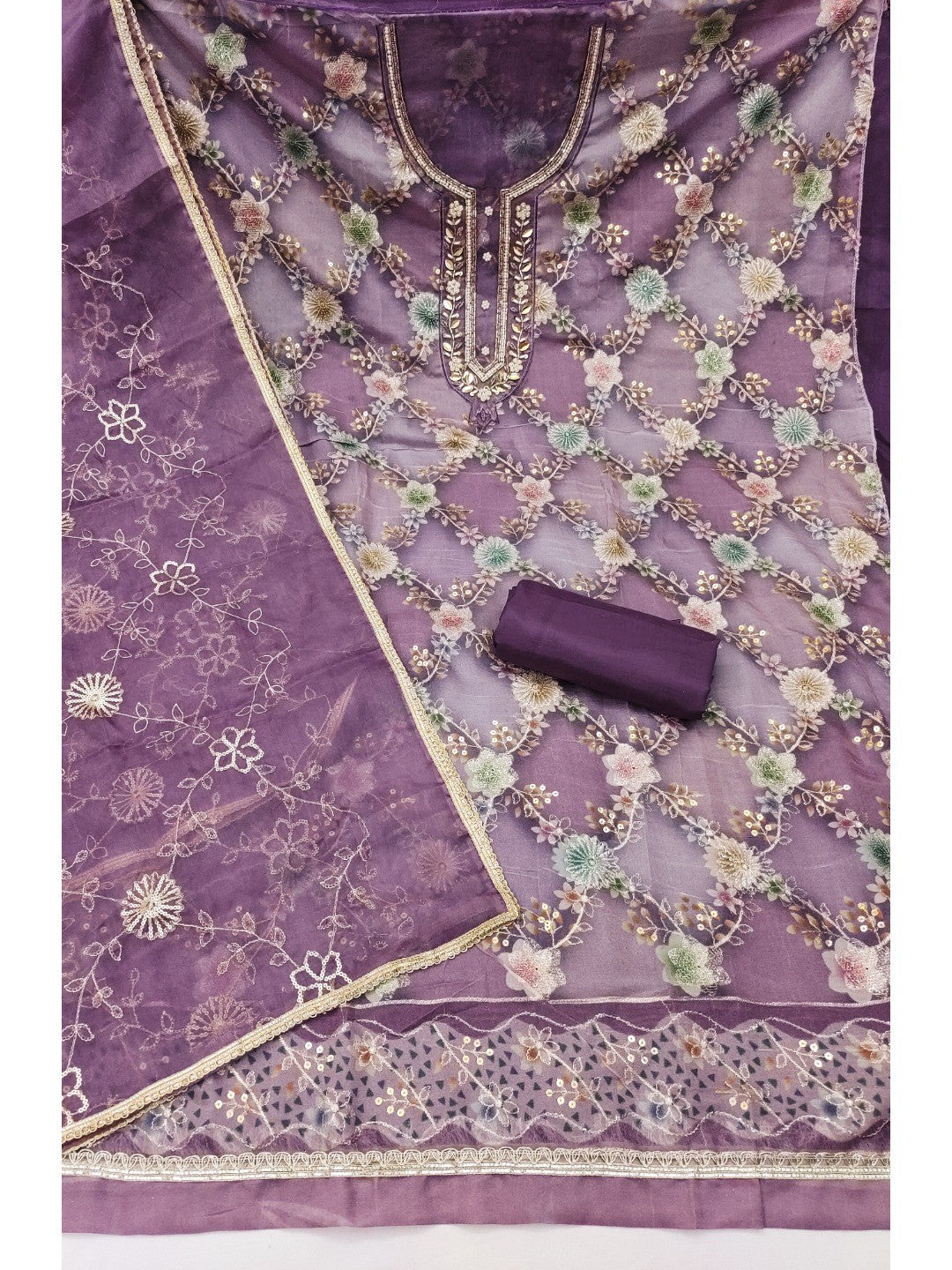 Sophisticated Purple Floral Print Organza Dress Material With Sequins Embroidery & Moti Handwork - Image 2