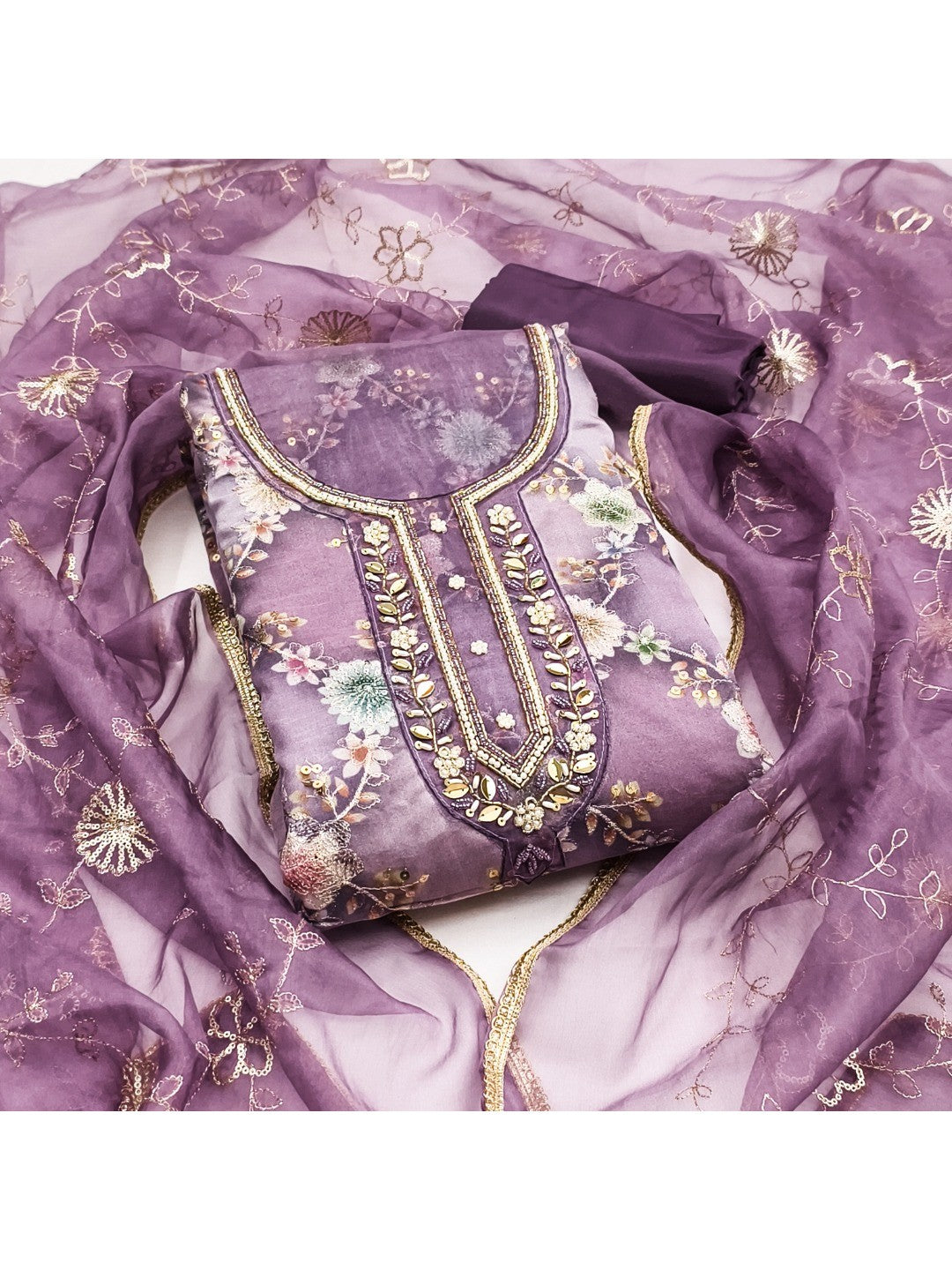 Sophisticated Purple Floral Print Organza Dress Material With Sequins Embroidery & Moti Handwork - Image 3