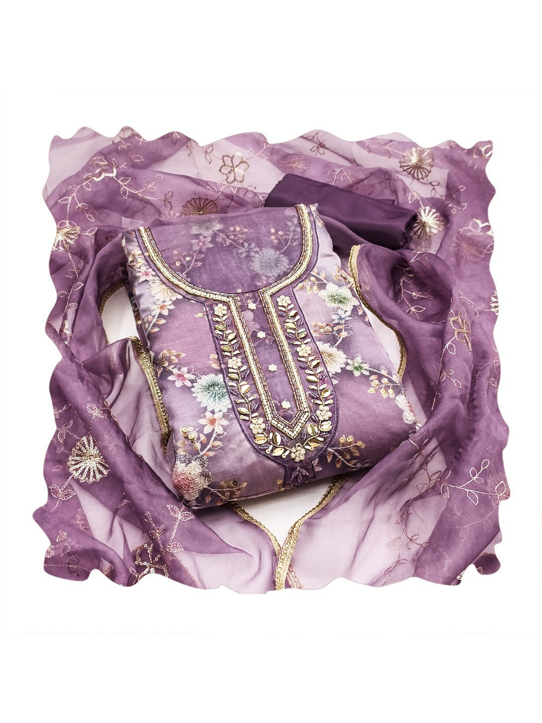 Sophisticated Purple Floral Print Organza Dress Material With Sequins Embroidery & Moti Handwork - Image 4