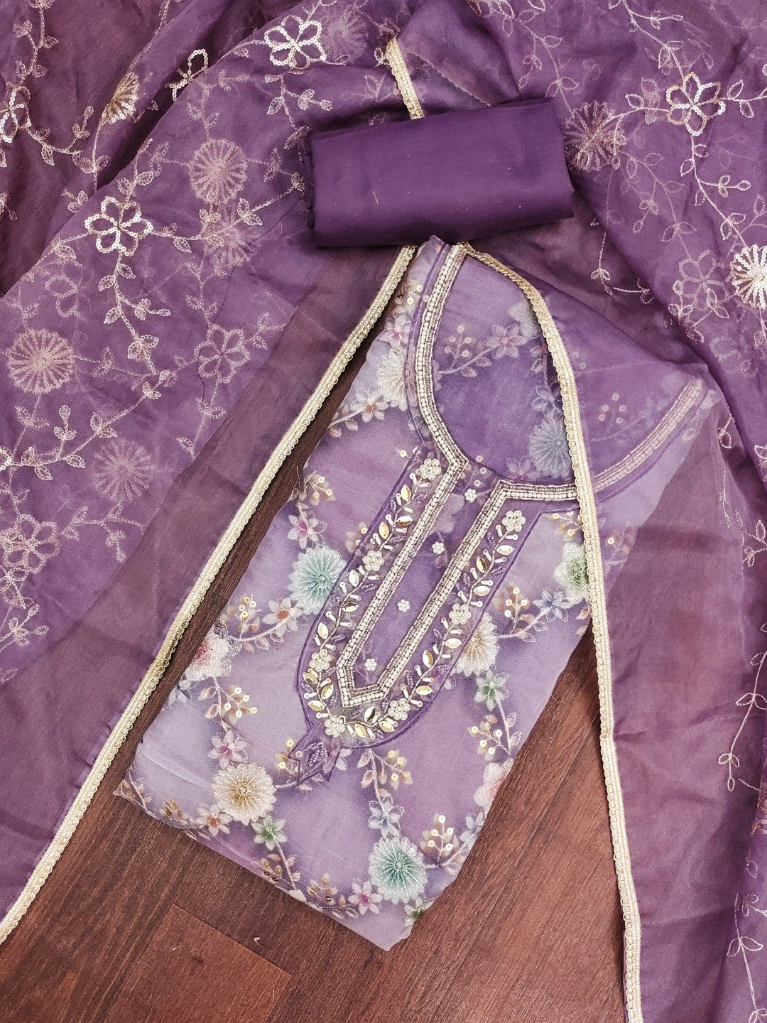 Sophisticated Purple Floral Print Organza Dress Material With Sequins Embroidery & Moti Handwork - Image 5