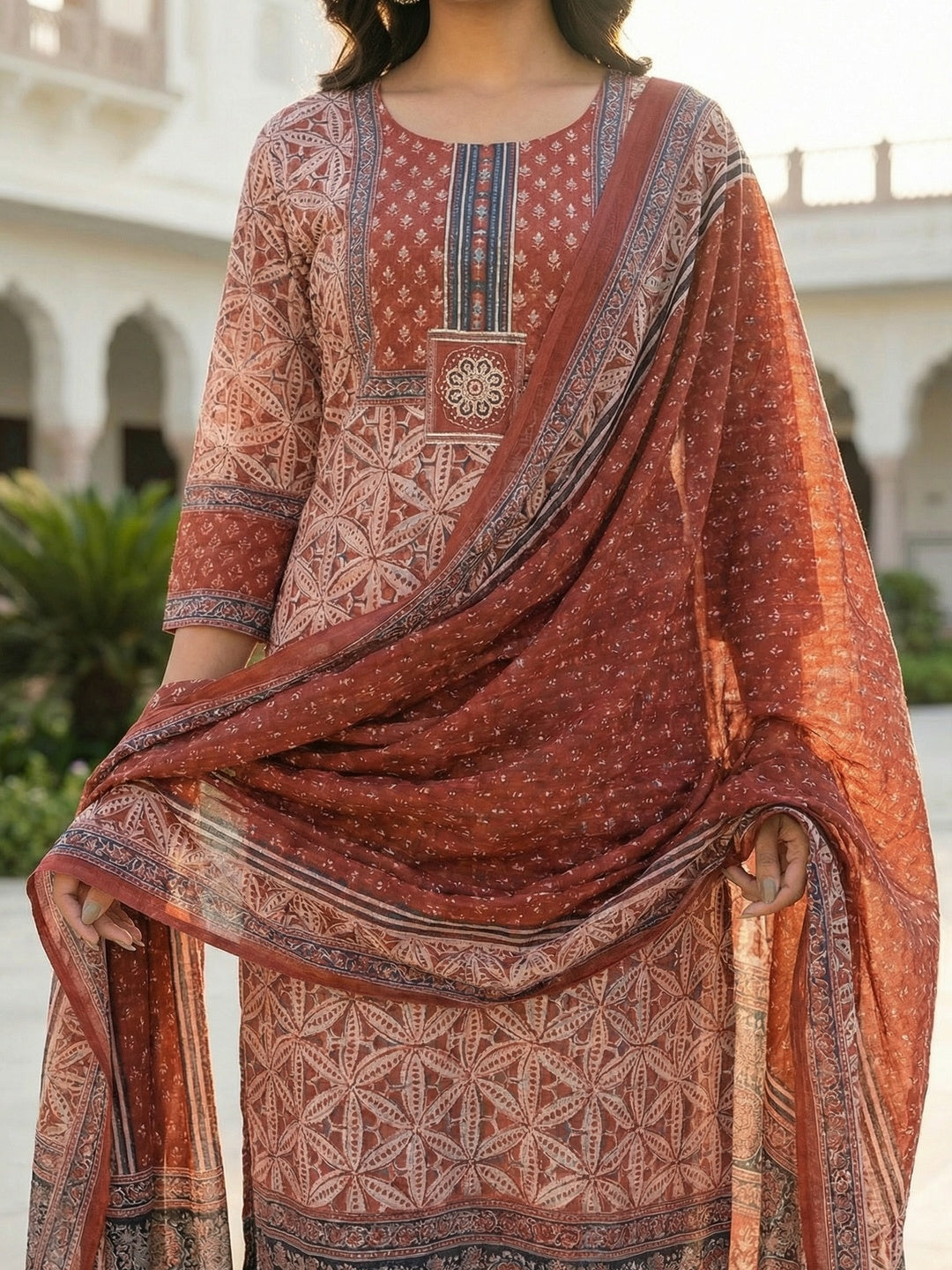 Red Floral Printed Pure Cotton Straight-Fit Salwar Suit With Handwork Detailing - Image 2