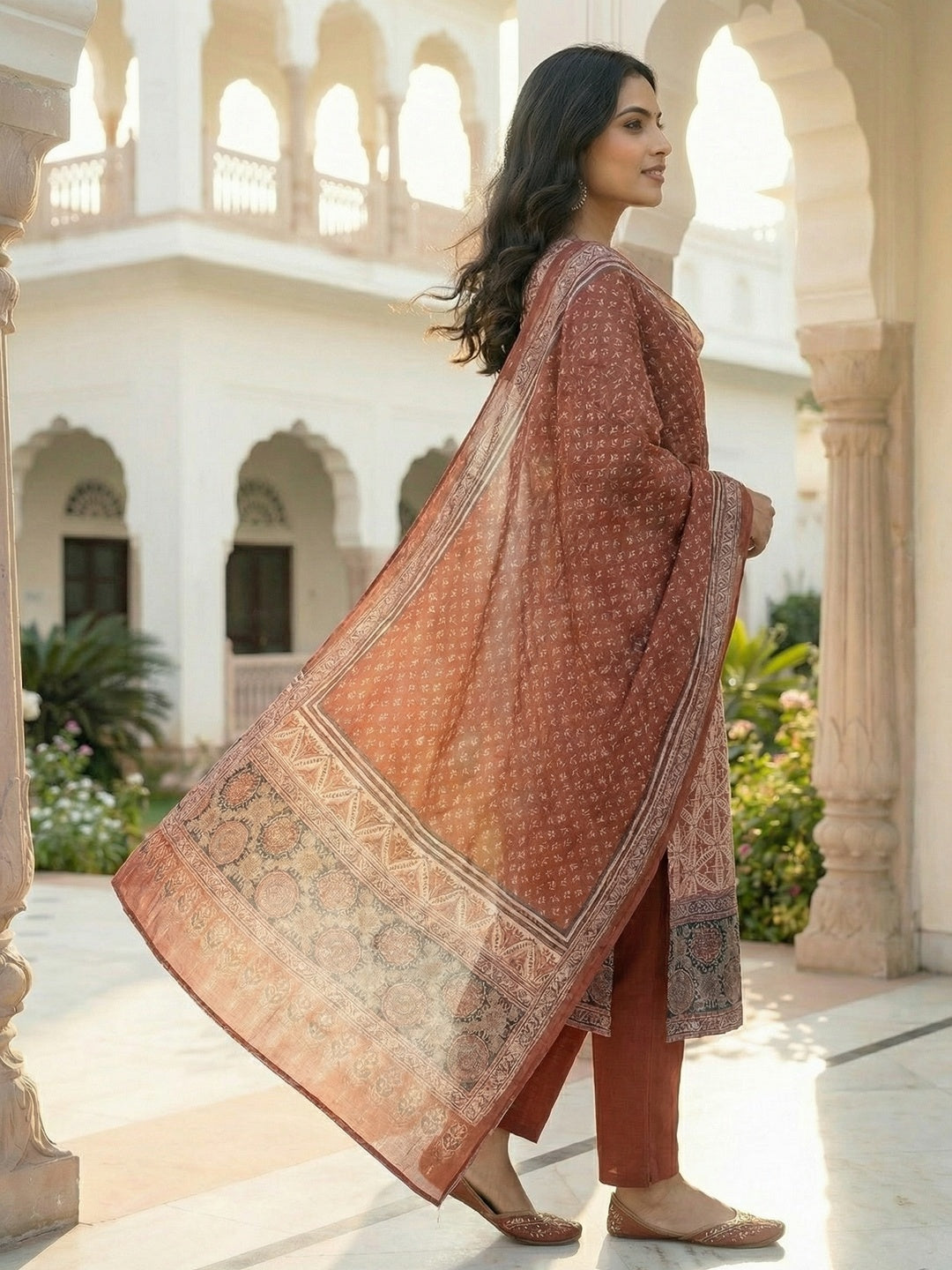 Red Floral Printed Pure Cotton Straight-Fit Salwar Suit With Handwork Detailing - Image 4
