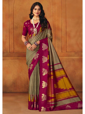 Elegant Chikoo Manipuri Cotton Silk Saree Adorned With Subtle Foil Printed Detailing - Image 1