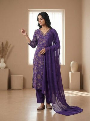 Purple Floral Printed Viscose Straight Fit Salwar Suit with Dupatta - Image 37