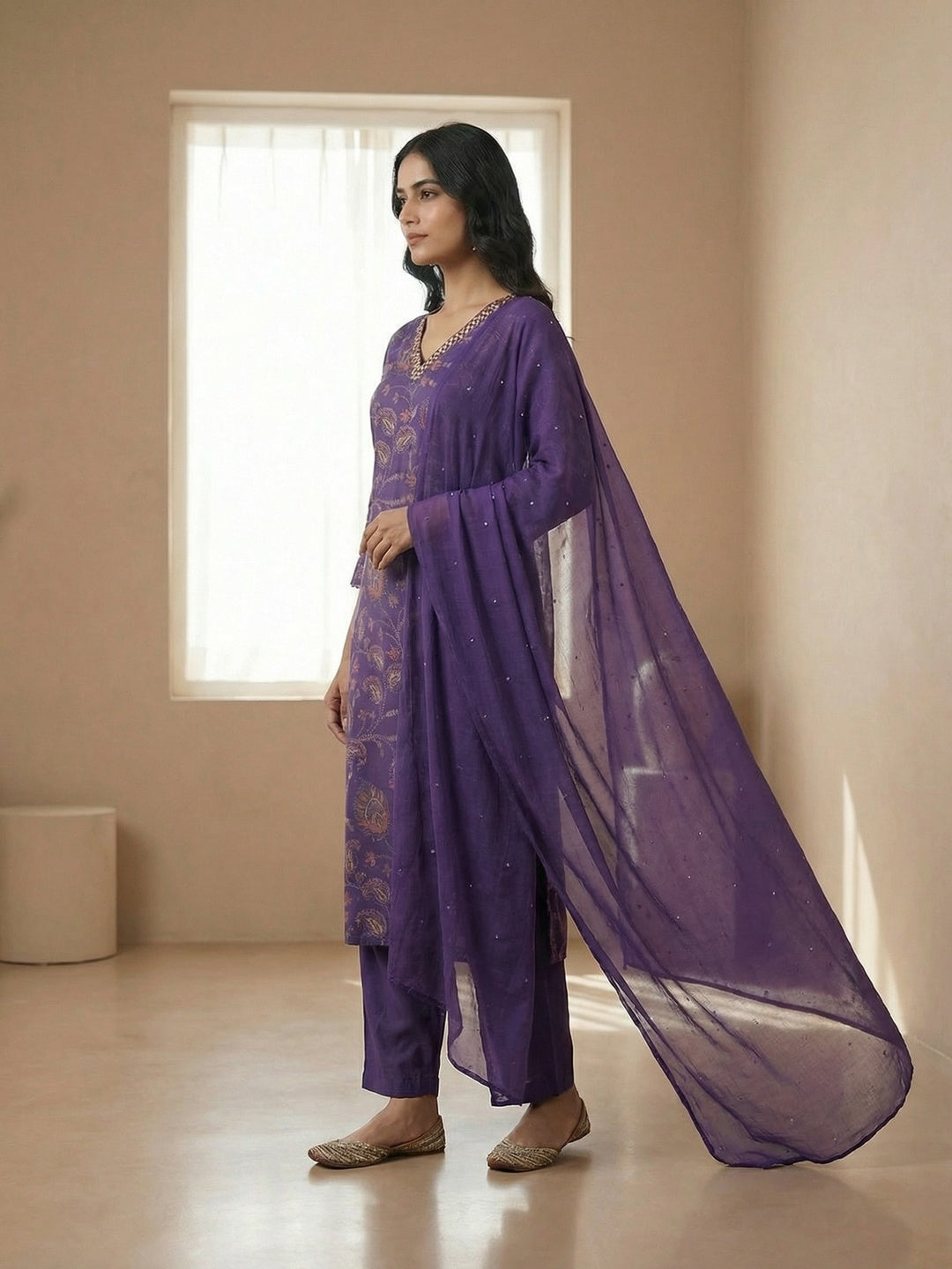 Purple Floral Printed Viscose Straight Fit Salwar Suit with Dupatta - Image 3