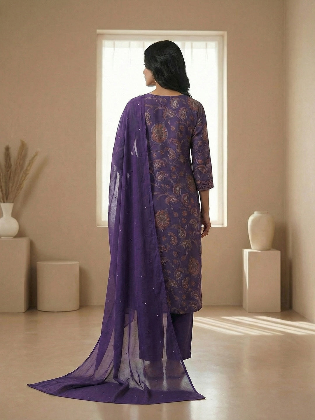 Purple Floral Printed Viscose Straight Fit Salwar Suit with Dupatta - Image 2