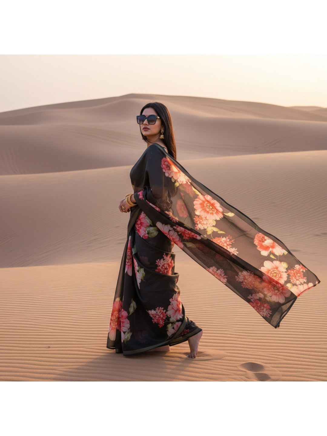 Charming Black Floral Printed Chanderi Cotton Saree Highlighted By Intricate Zari Border Work - Image 4